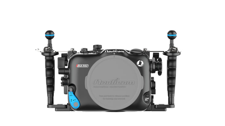 Nauticam NA-R6V housing illustrating ergonomic handle and control layout