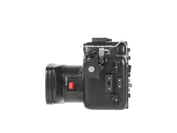 Side view of Nauticam NA-L10 housing showing compact N50 port configuration